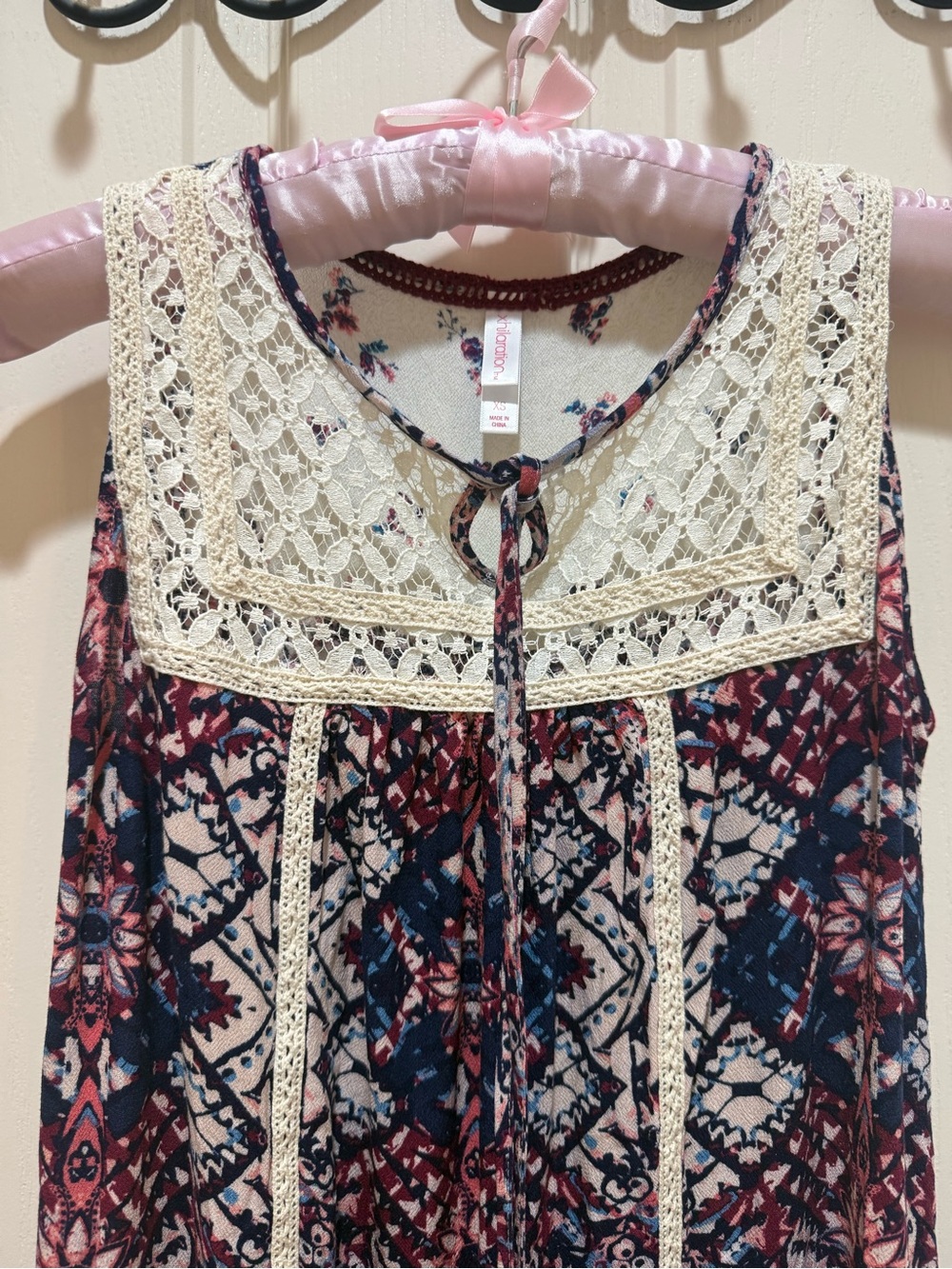 Xhilaration Burgundy, Navy & Cream Crochet Yoke Short Dress